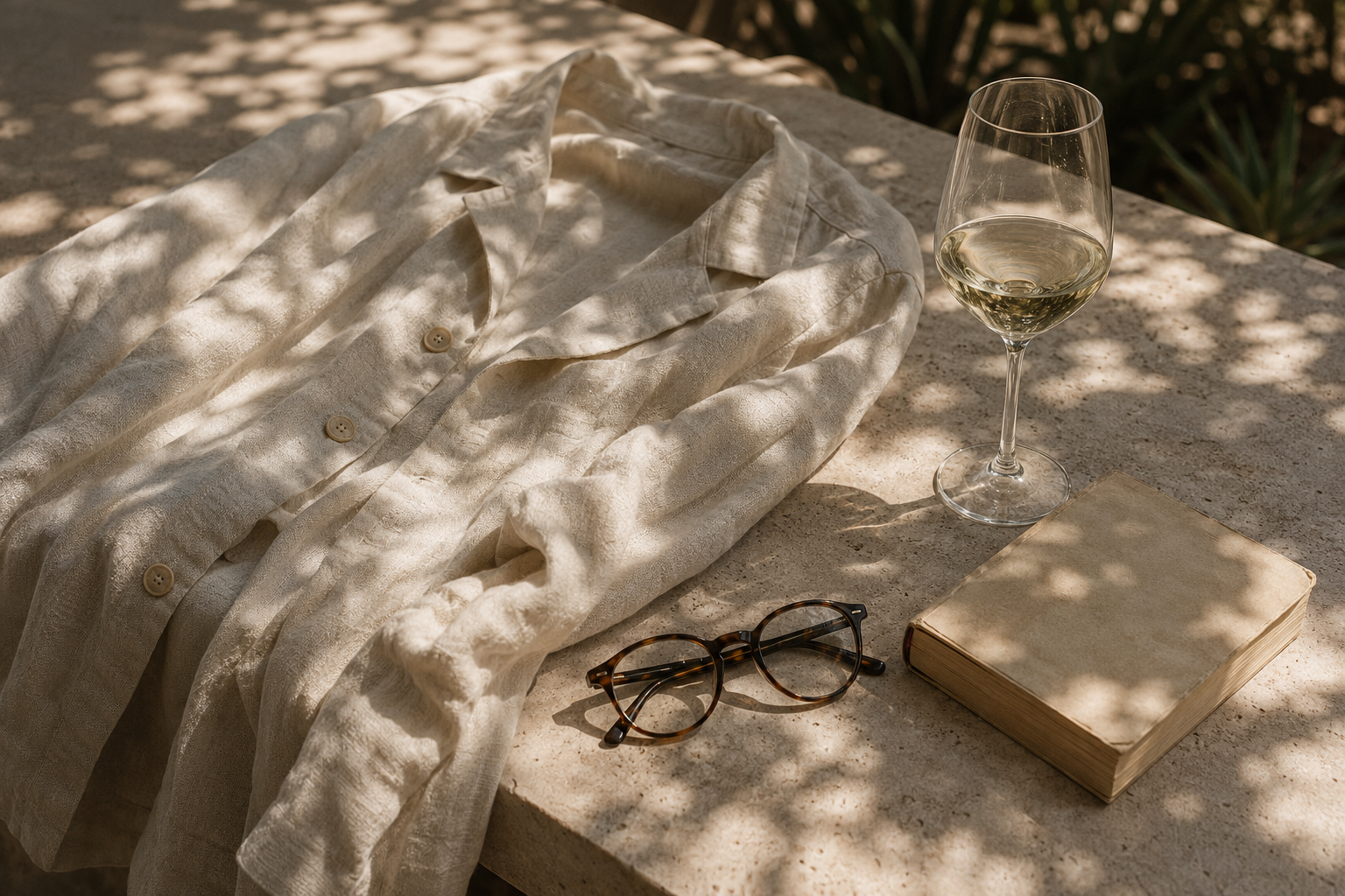 A rumpled linen jacket, wine, glasses, and a book in dappled sunlight